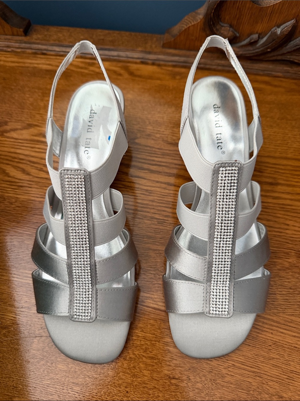 David Tate Silver Rhinestone T-Strap Slingback Sandals